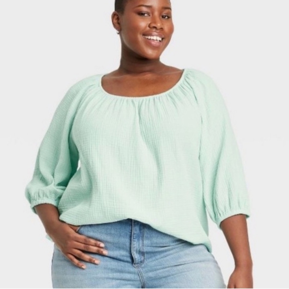 Ava & Viv Cotton Gauzelike Scoop Neck Half Sleeve Top 3x Textured Puff Sleeve3/4